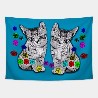 Kittens in Ink and Digital Flowers Tapestry