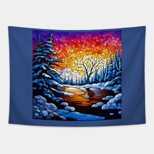 Stained Glass Snowy Winter Scene Tapestry