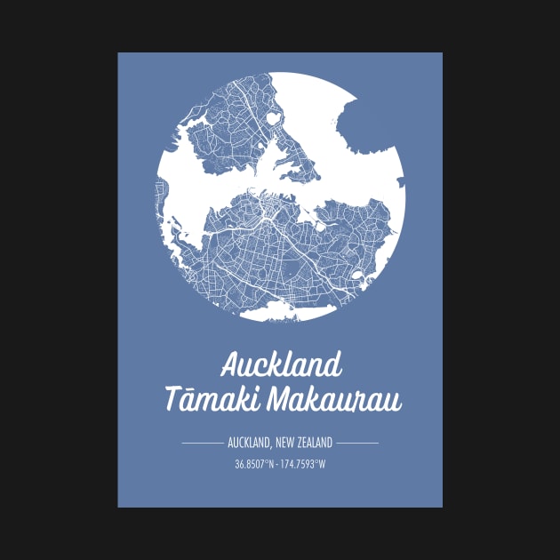 City map in blue: Auckland Tamaki Makaurau, New Zealand with retro vintage flair by AtlasMirabilis