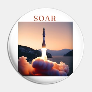 "Solar Soar - Majestic Rocket Launch Tee, Sunset Horizon Design, Vibrant Red, Orange, and White T-shirt, Inspirational 'Soar' Motif, Aesthetic Space Exploration Shirt" Pin