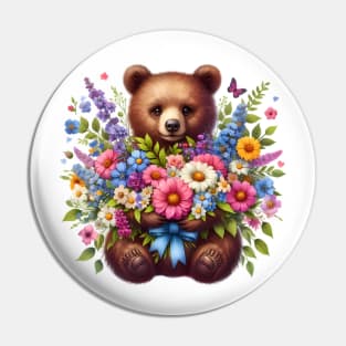 A brown bear decorated with beautiful colorful flowers. Pin