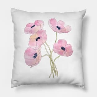 pink anemone  flowers watercolor and ink Pillow