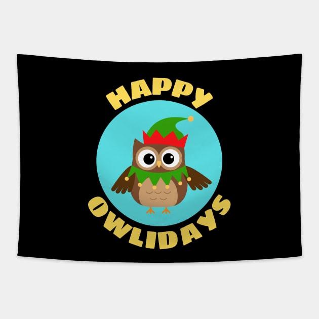 Happy Owlidays | Owl Pun Tapestry by Allthingspunny