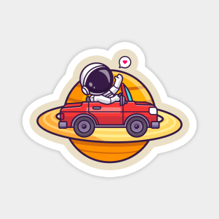 Cute Astronaut Driving Car On Saturn Planet Cartoon Magnet