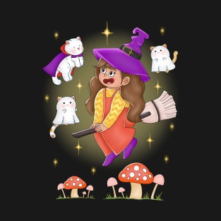Cute Girl Flying With Cat Dracula And Ghosts T-Shirt