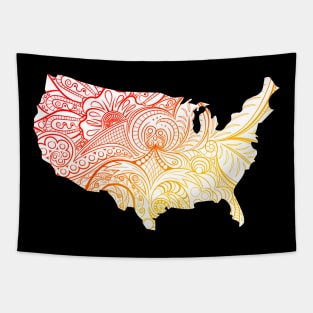 Colorful mandala art map of the United States of America in red and yellow with white background Tapestry