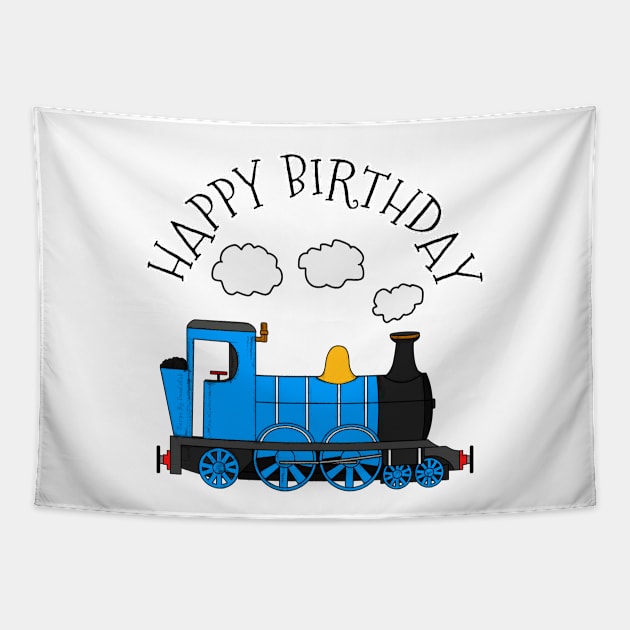 Steam Train Happy Birthday Rail Enthusiast (Blue) Tapestry by doodlerob