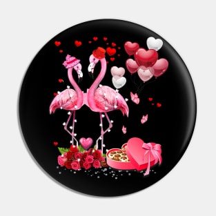 Happy Valentine's Flamingo Couple Red Roses Heart Balloons Pin