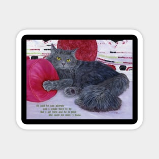 She Loves Me Most. Grey cat lies among rose colored pillows. Text added about a guy telling her to get rid of the cat. Magnet