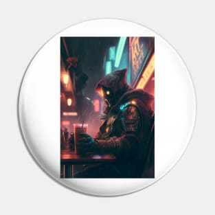 Cyberpunk Character Sipping on Coffee in a Neon Cafe Pin