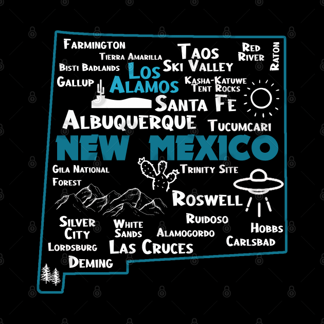 Cute map of Los Alamos New Mexico Albuquerque Santa Fe, Roswell Las Cruces Deming Carlsbad Hobbs Silver City by BoogieCreates