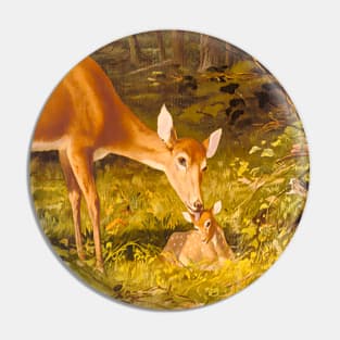 Deer and calf in nature. Colorful, vintage painting Pin