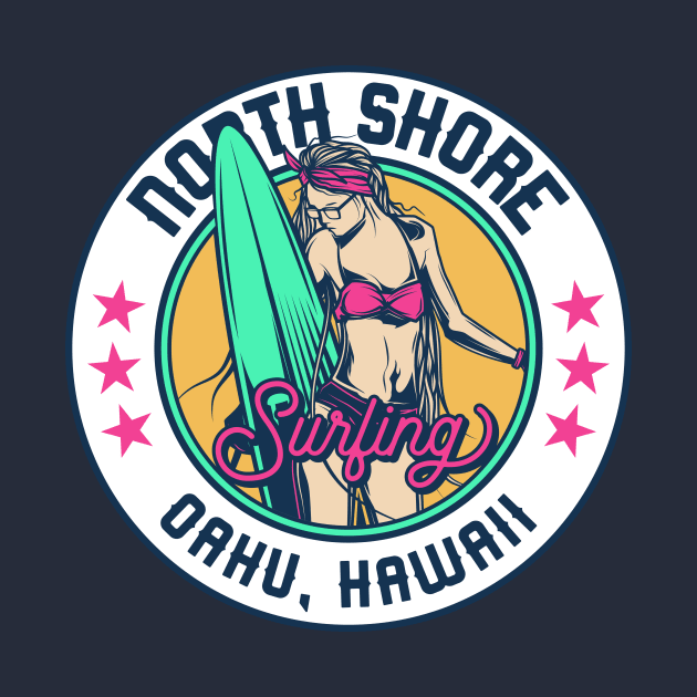 Retro Surfer Babe Badge North Shore Oahu Hawaii by Now Boarding