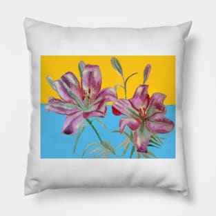 Pink Lily Watercolor Floral Painting on Yellow and Blue Pillow