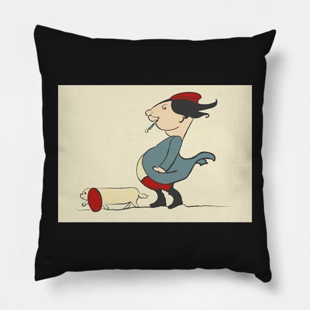 Funny man on a windy day dog walk Pillow by NattyDesigns