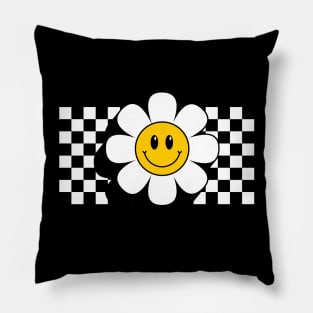 Retro Smiley Daisy Flower Emoji with Chess Board Black and White Pillow