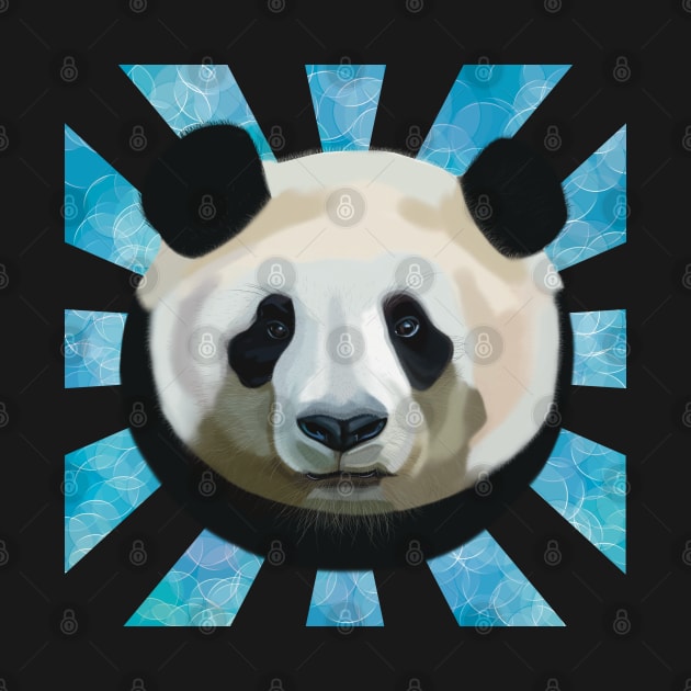 Striking Panda bear on Blue Bubble patterned rays by KateVanFloof