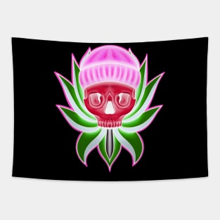 Pink and Green Neon Skull with Hat in Lotus flower T-Shirt Tapestry