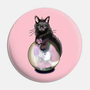 Black witch cat with a pink glow crystal ball Pin