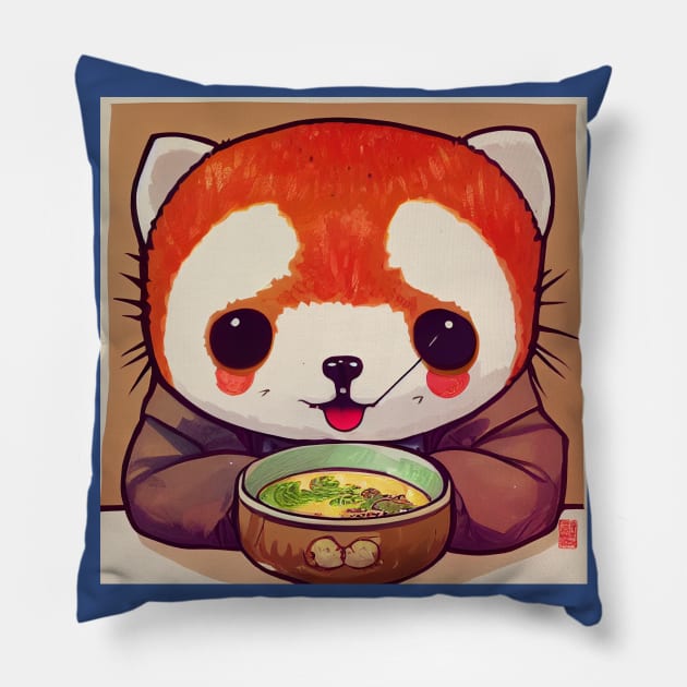 Kawaii Red Panda Eating Ramen Pillow by Grassroots Green