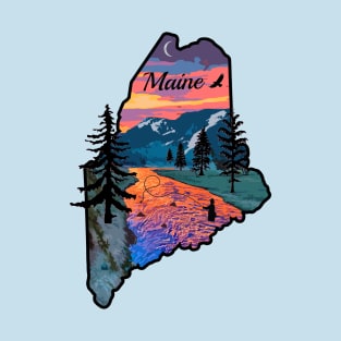 Fly Fishing Maine Mountain Sunset River Retro T-Shirt