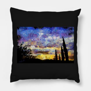 Cypress trees at sunset Pillow