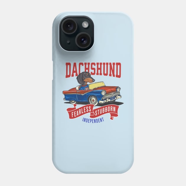 Funny and Cute Doxie Dachshund dog in a classic vintage retro car with red white and blue banner flags Phone Case by Danny Gordon Art