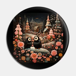 Surrealistic Folk Art Dark Floral Motif Penguin Design Pin