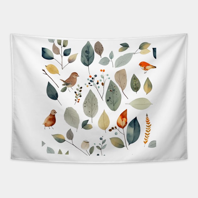 Lovely leaves, berries and birds forest pattern Tapestry by Edgi