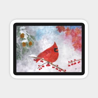 Winter Cardinal on snowy branch with red berries, pine branch, late autumn leaves Magnet