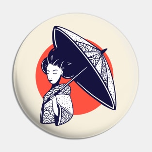 Vintage Sketch of a Japanese Woman in Kimono with Parasol Pin