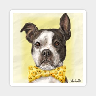 A Painting of a Boston Terrier with a Bow Tie with Smiley Pattern, Yellow Background Magnet