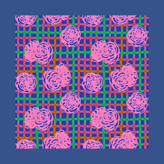 Roses on Plaid Pattern - Blue by MitaDreamDesign