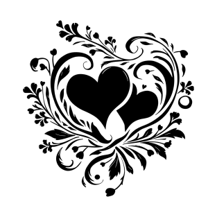 Elegant Black and White Heart Floral Motif T-Shirt