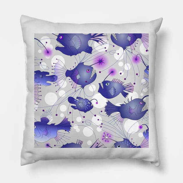 Angler fish - violet on gray Pillow by kobyakov