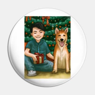 A boy and his Shiba Inu dog on Christmas morning Pin