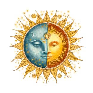 Sun and moon face hand drawn illustration. Zodiac sign. T-Shirt