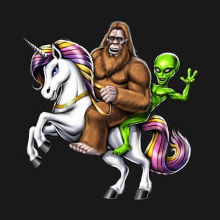 Bigfoot Alien Riding Unicorn T-Shirt