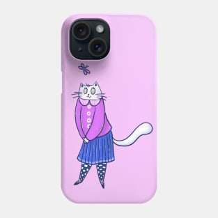 Cute girly white cat and purple butterfly Phone Case