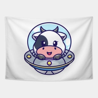 Cute cow flying with spaceship ufo cartoon Tapestry