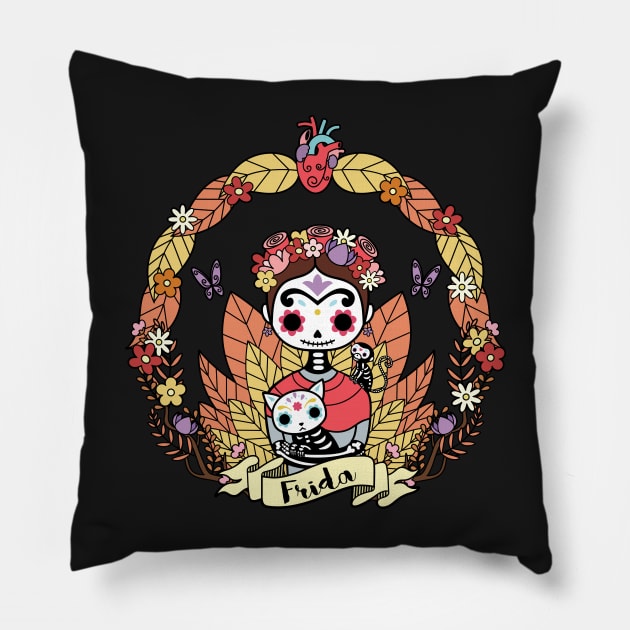 Cute Frida sugar skull Pillow by laura-nagel