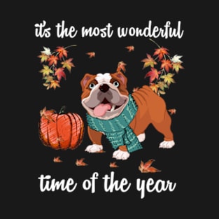 Bulldog Dog Autumn Fall Most Wonderful Time Maple Gift T-Shirt