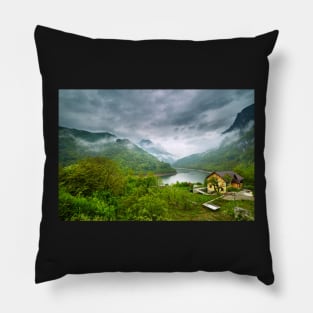 Lake in the mountains on a foggy day Pillow