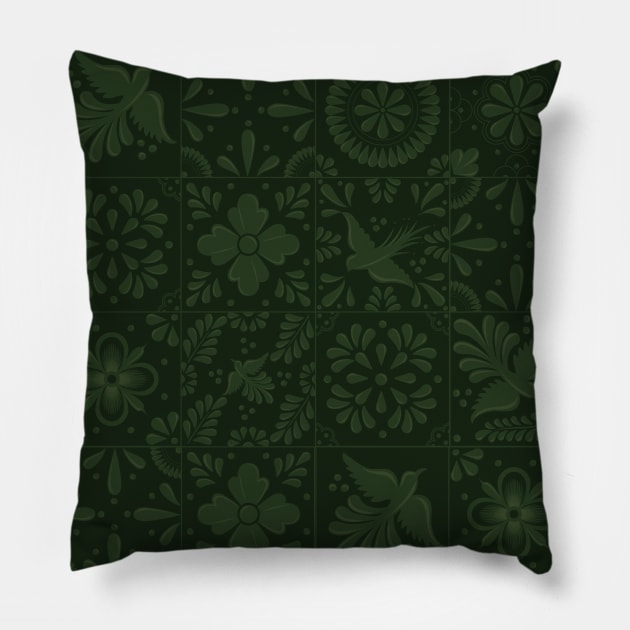 Mexican Dark Green Talavera Tile Pattern by Akbaly Pillow by Akbaly