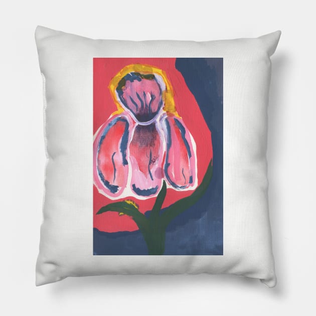 Red Gouache Flower on Blue Background Pillow by lcsmithdesigns