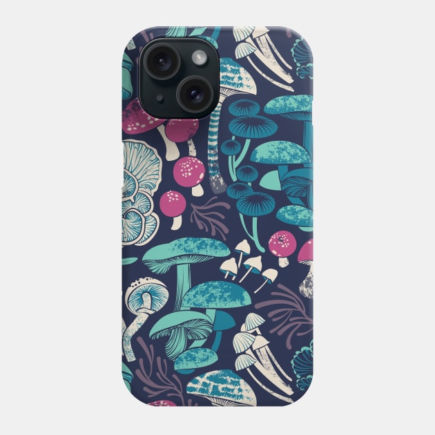 Mystical fungi // midnight blue background mint teal and dark pink wild mushrooms Phone Case by SelmaCardoso