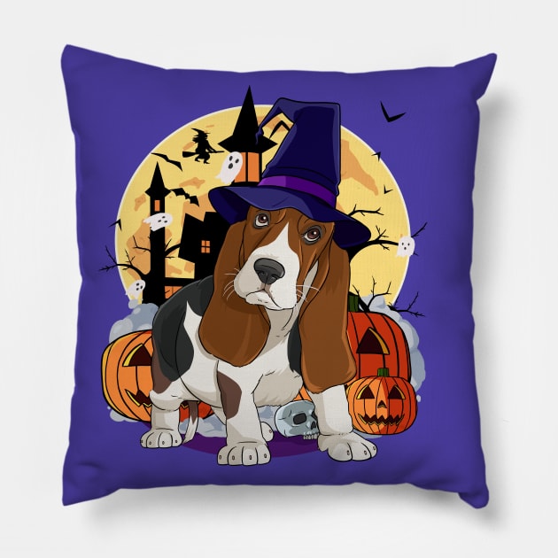 Basset Hound Scary Dog Halloween Witch Pumpkin Pillow by Noseking