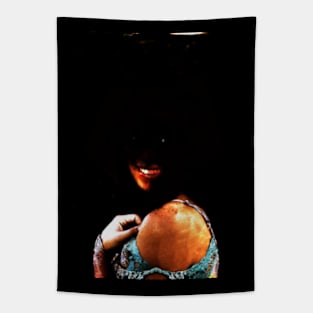 Special processing. Dark side. Girl with not visible face parts. Orange and blue. Tapestry