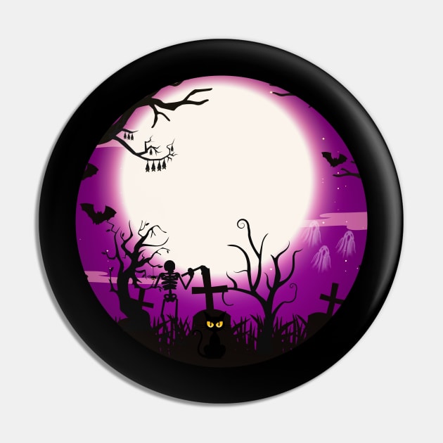 Halloween Scene Art without Witch Circular Shape Pin by The Wolf and Phoenix Shop LLC