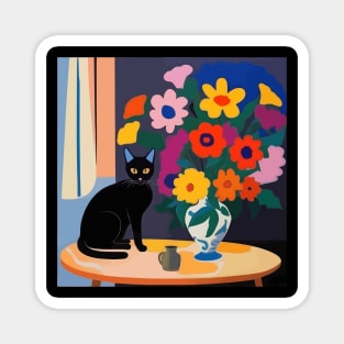 Black Cat with Colorful Flowers in a Vase Still Life Painting Magnet